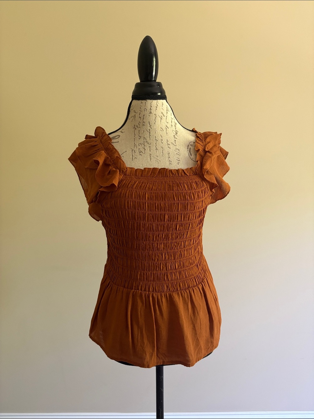 Nanette Lepore Rust Smocked Peplum Top with Ruffle Sleeves